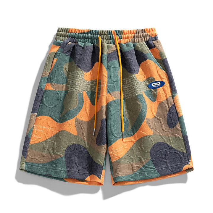 Men's camo relaxed fit shorts shown from the front on a white background