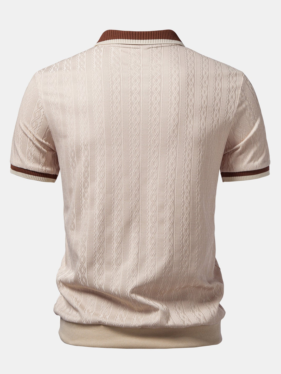 Men's knitted zip polo shirt shown on model, side pose