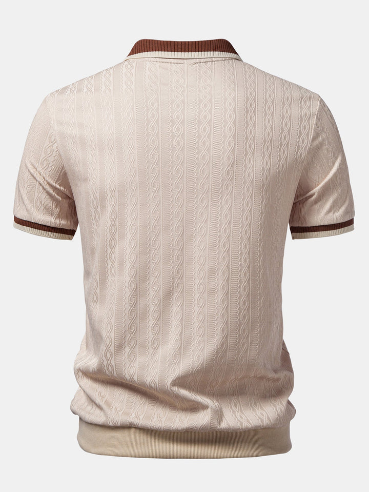 Men's knitted zip polo shirt shown on model, side pose