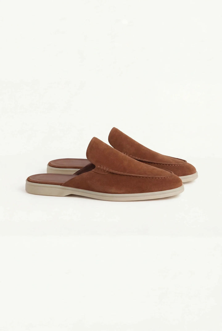 Top view of men's suede mules showing the soft upper and easy slip-on opening