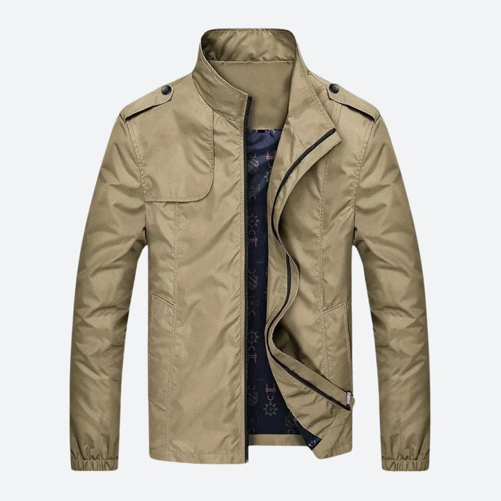 Side view of a men's zip bomber jacket