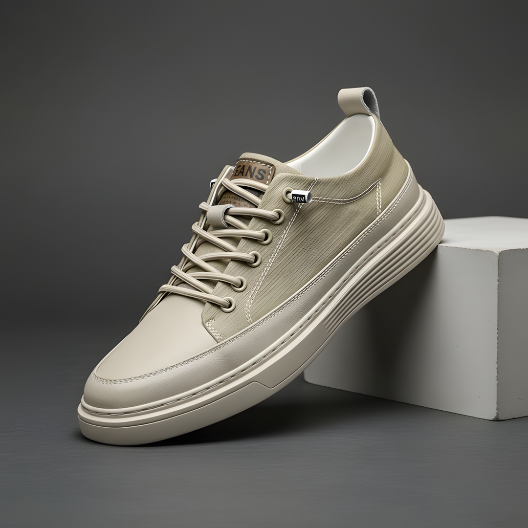 Pair of smooth leather trainers shown from above