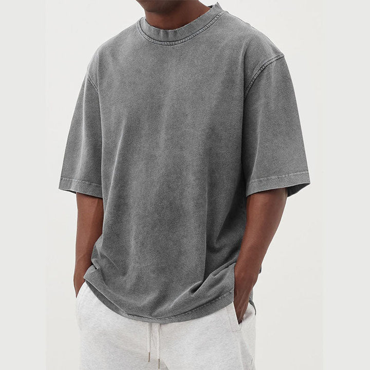 Men's cotton T-shirt showing its washed fabric finish
