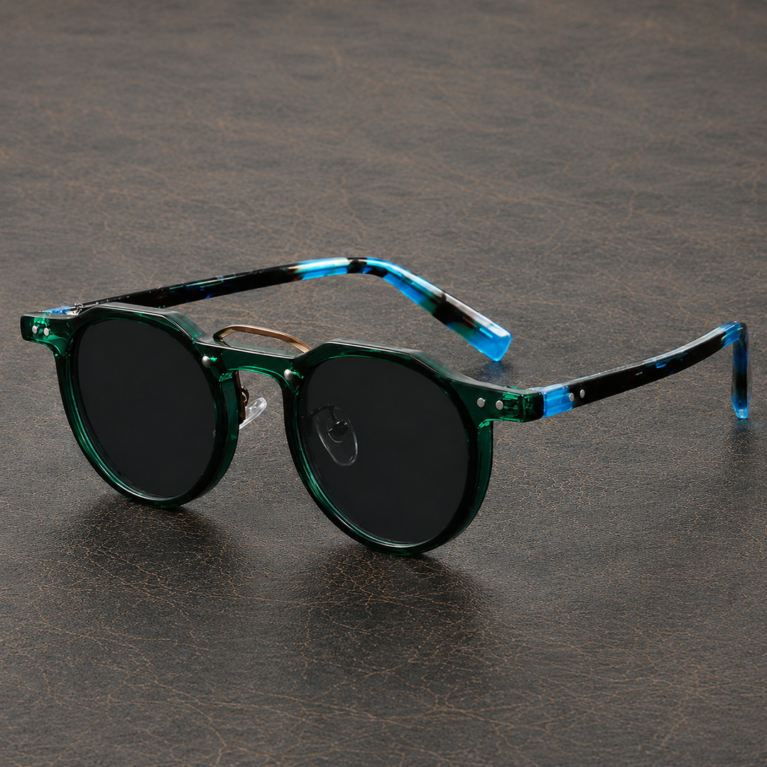 Round frame sunglasses for men showing tinted lenses and full frame