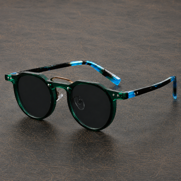 Round frame sunglasses for men showing tinted lenses and full frame
