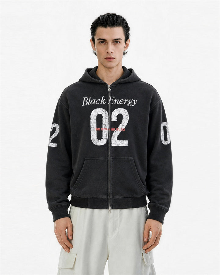 Front view of the men's distressed 02 graphic boxy zip-up hoodie