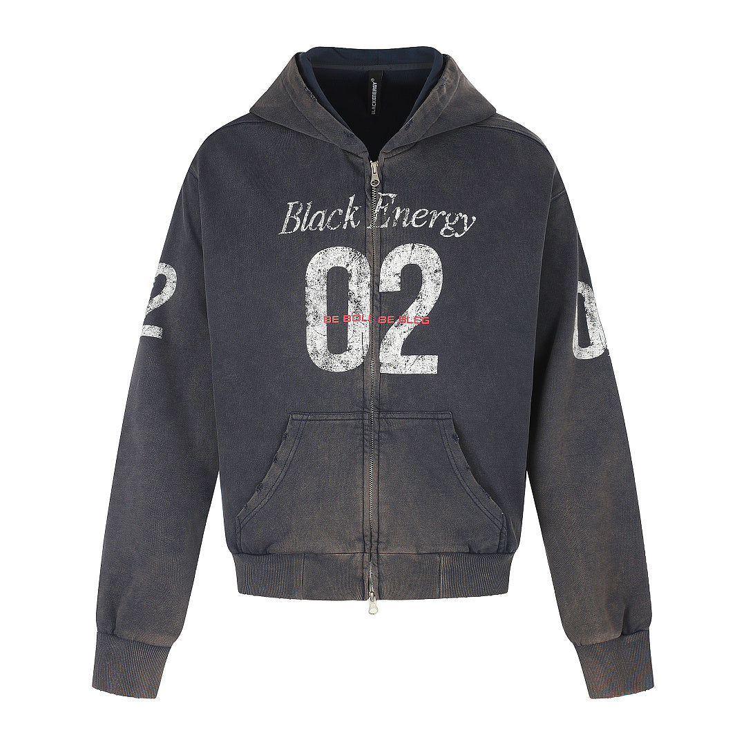 Men's Distressed 02 Graphic Boxy Zip Up Hoodie