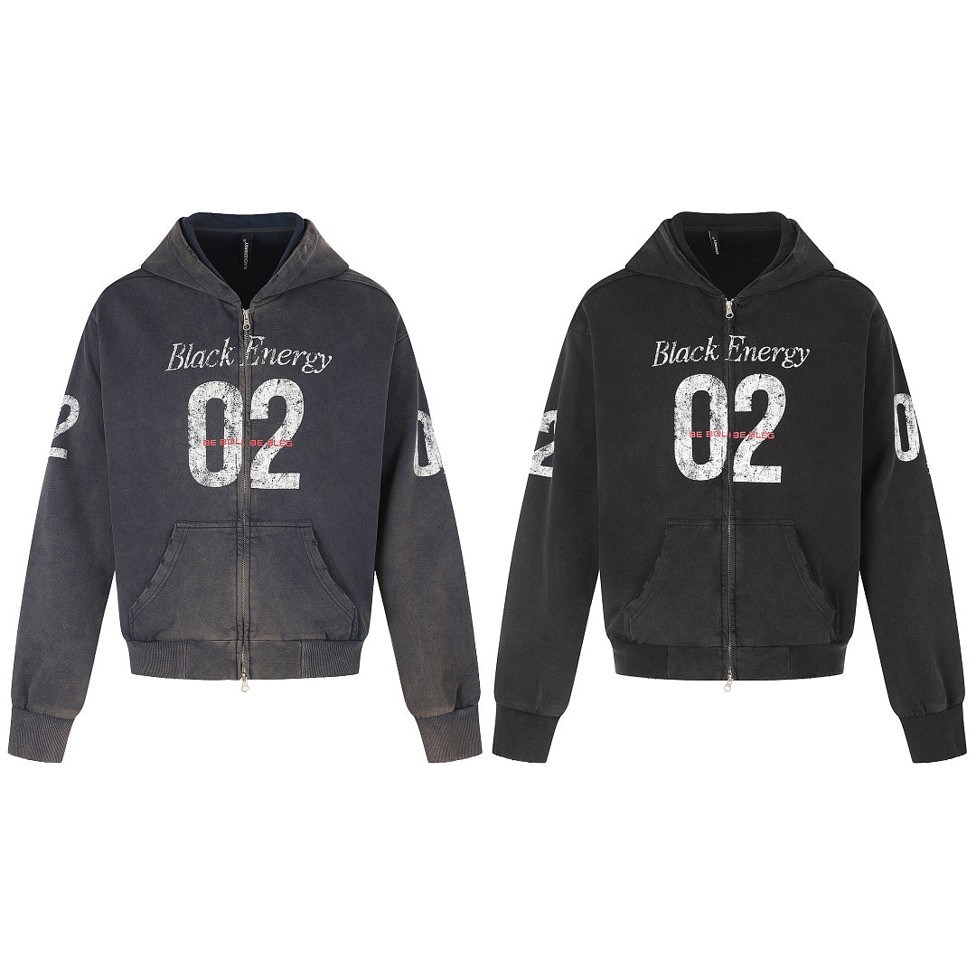 Detail view of the hoodie fabric and distressed 02 design