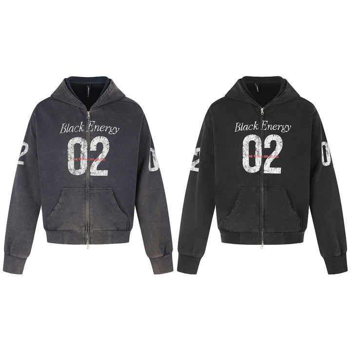 Detail view of the hoodie fabric and distressed 02 design