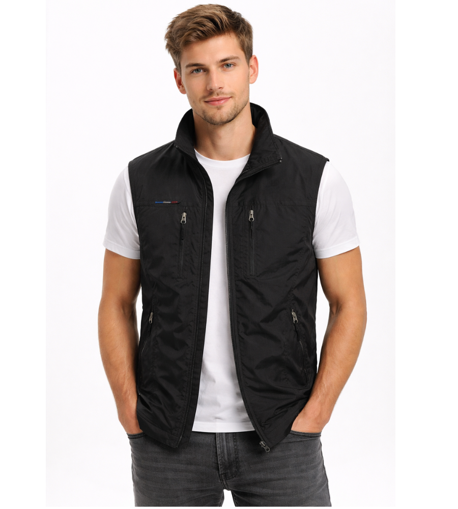 Men's outdoor gilet with zip front shown from the front