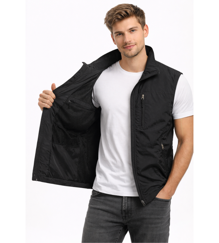 Detail view of fabric and collar on men's outdoor gilet
