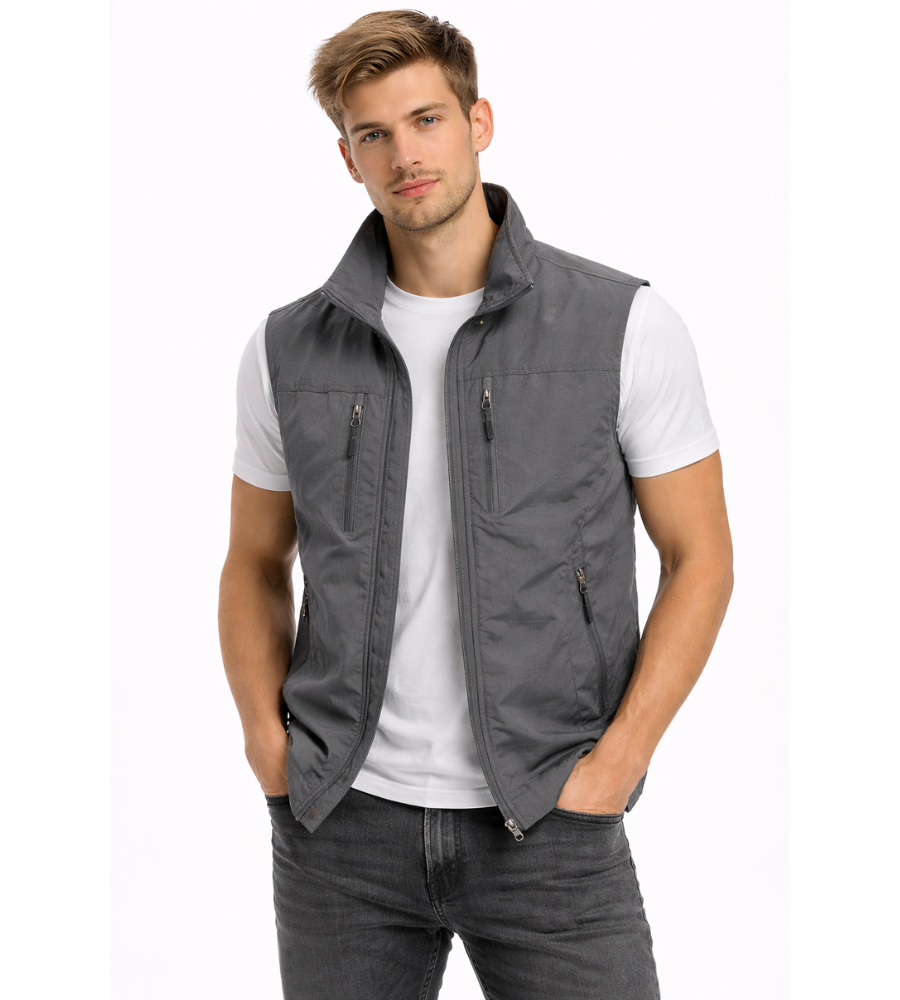 Men's outdoor gilet with zip front shown from the back