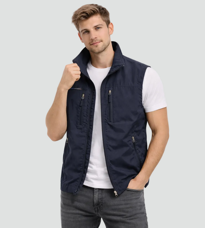 Men's sleeveless outdoor gilet showing fit and shape