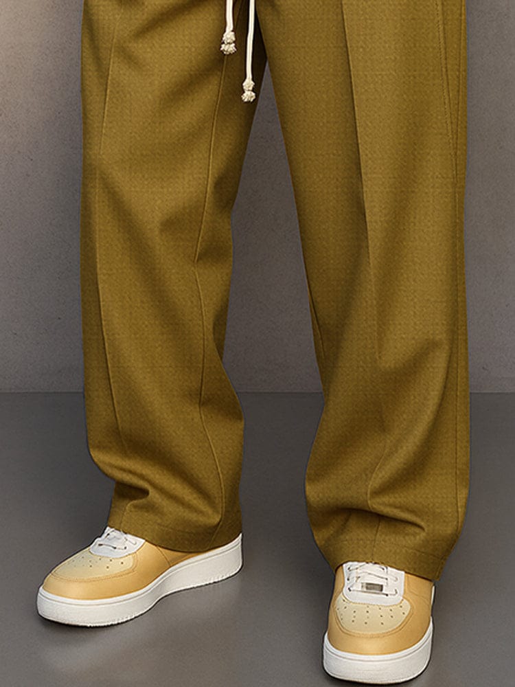 Full outfit featuring men's straight leg drawstring trousers