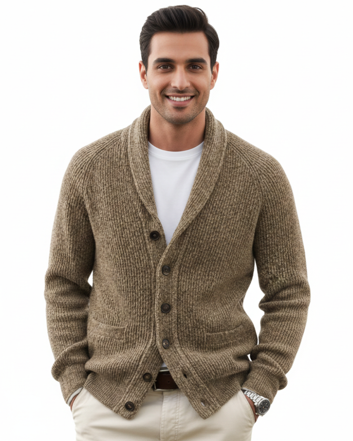 Close-up of the V-neck and button fastening on a striped wool cardigan