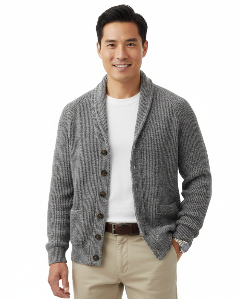 Front view of a men's striped wool V-neck cardigan