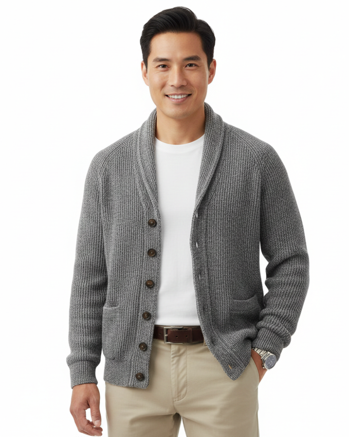 Men's Striped Wool V-Neck Button Cardigan
