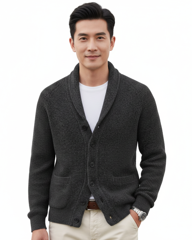 Men's striped wool cardigan with a V-neck, buttons and front pockets