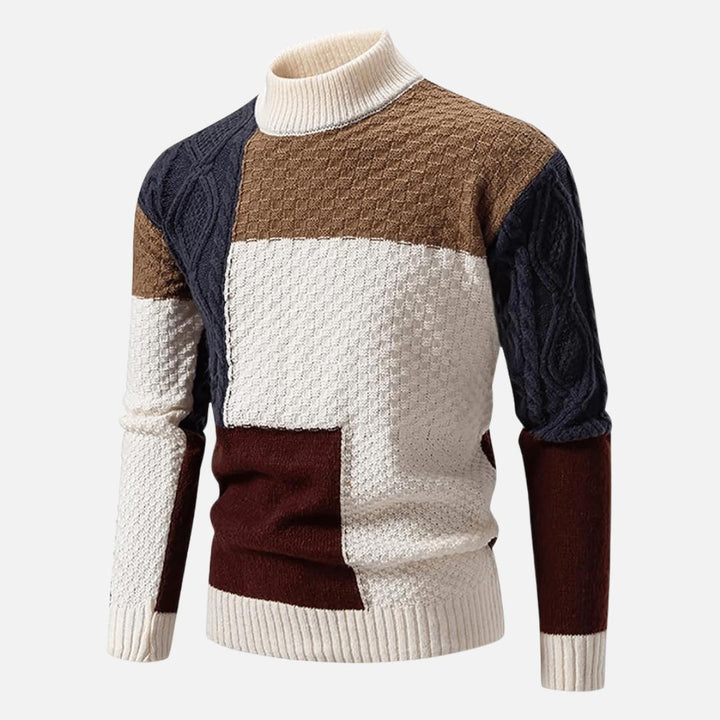 Men's roll neck jumper showing the high collar and patch details