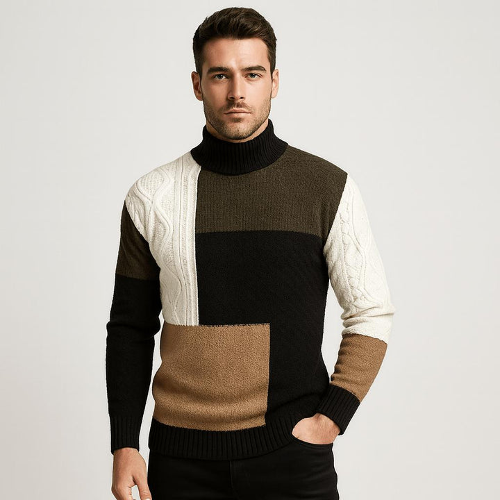 Close-up of patches on a lightweight men's roll neck jumper