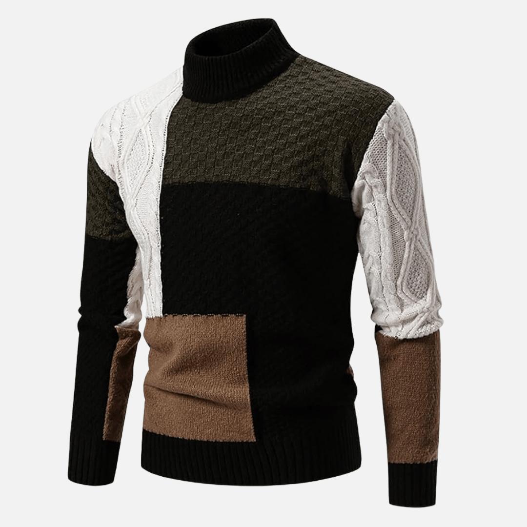 Side view of a men's lightweight roll neck jumper with patches