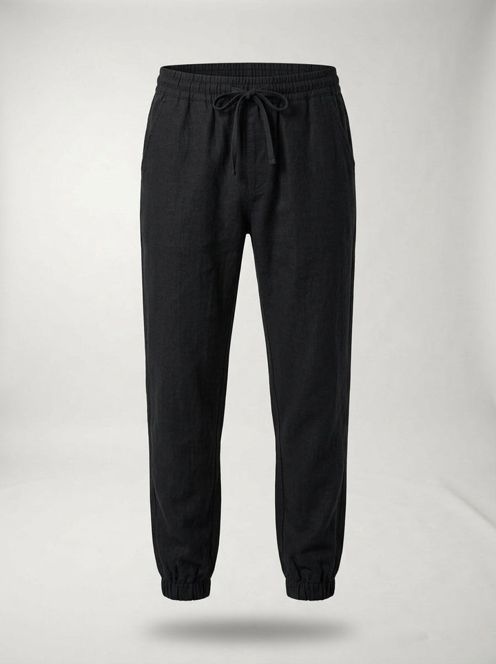 Close-up of the lightweight linen fabric and relaxed fit leg