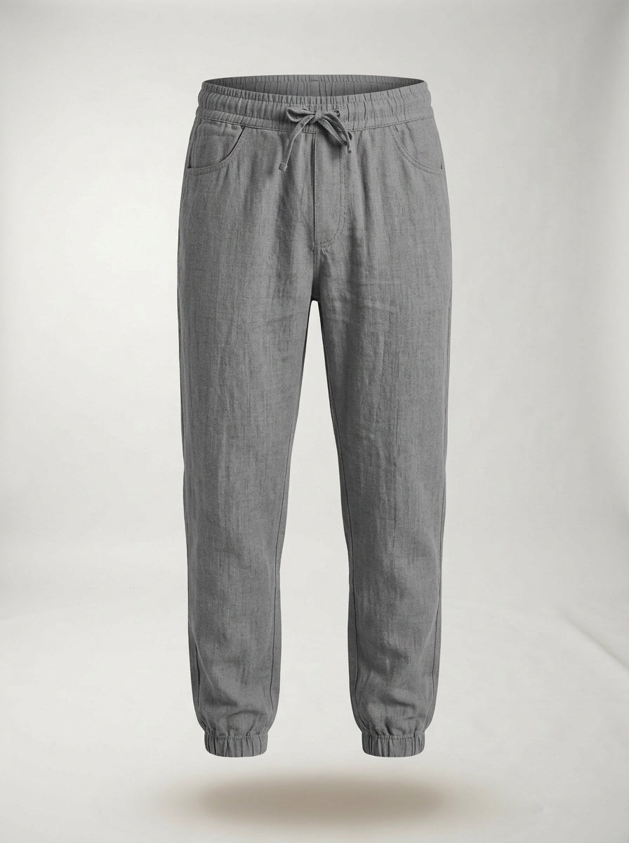 Cuffed hem detail on men's linen joggers for a casual look