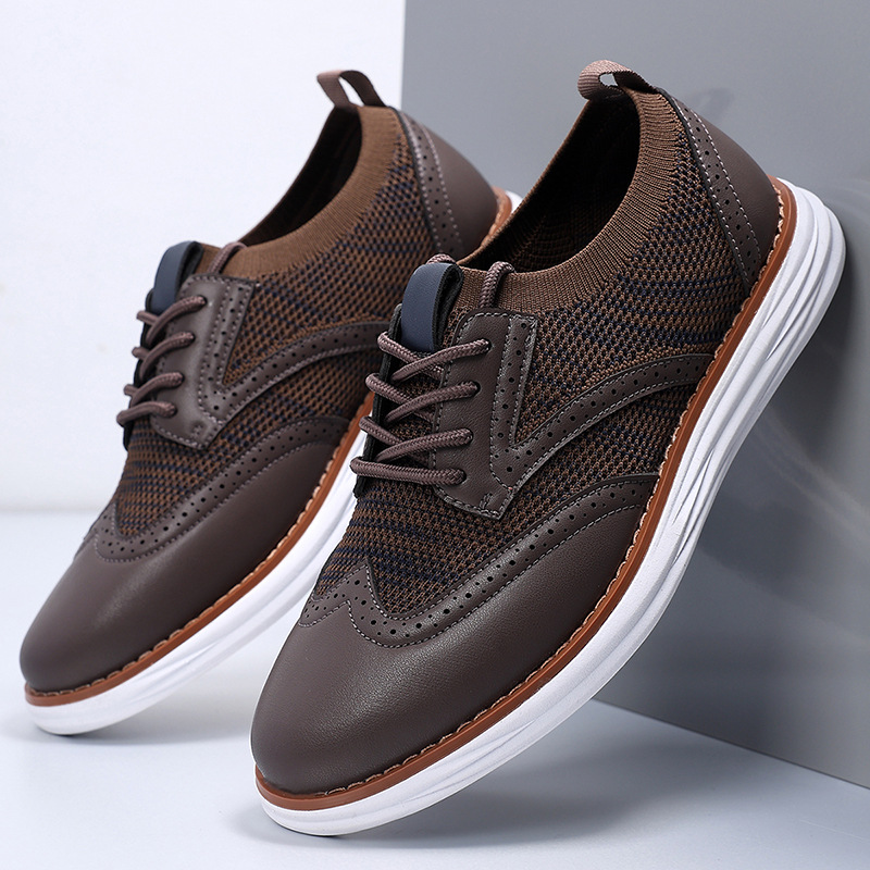 Men's lace-up mesh leather trainers shown as a pair on a white background