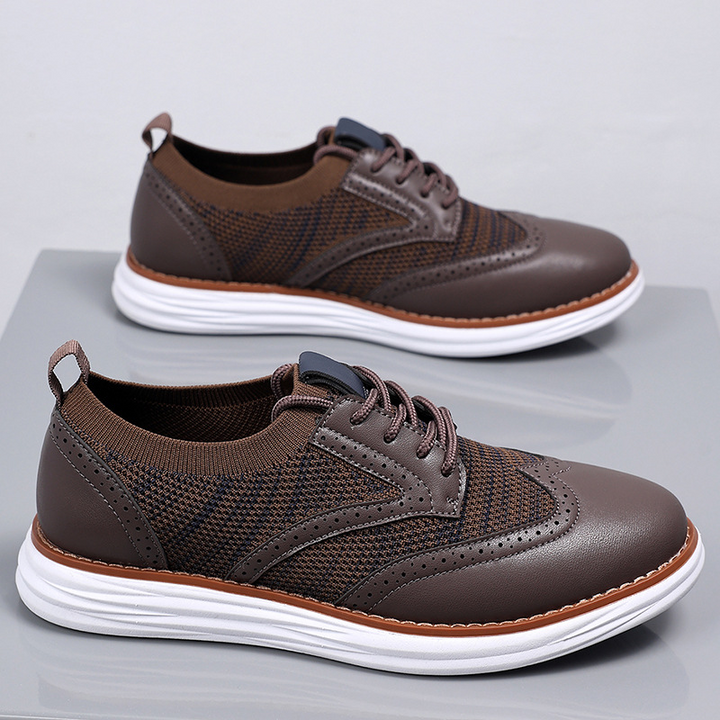 Front and side view of men's mesh leather trainers with premium finish