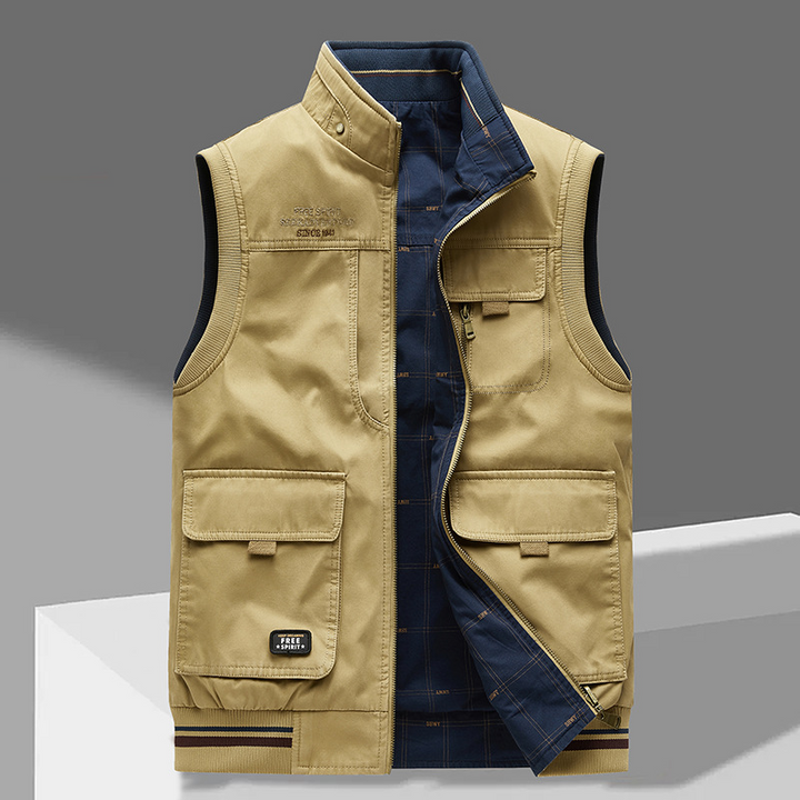 Side view of a men's utility gilet designed for outdoor layering