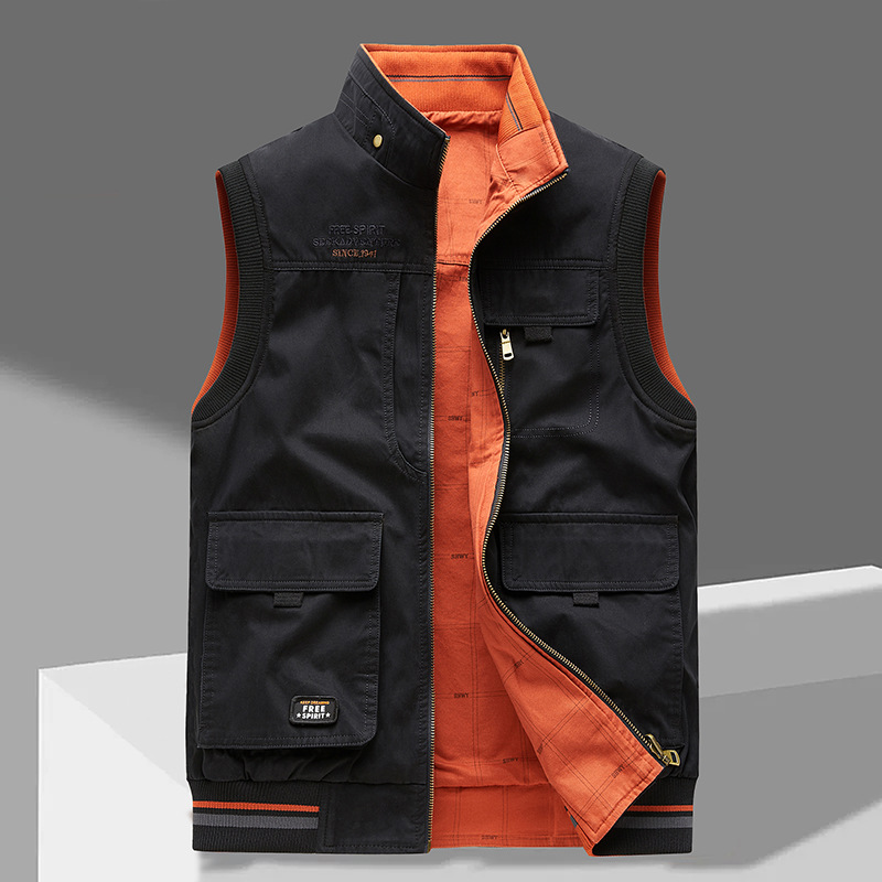 Back view of a men's outdoor gilet with a practical, functional design