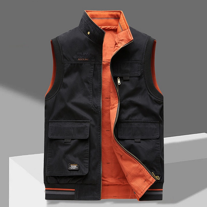 Back view of a men's outdoor gilet with a practical, functional design