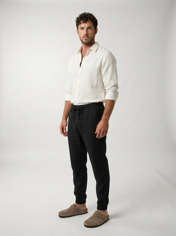 Men's linen joggers styled with a casual top for a summer outfit