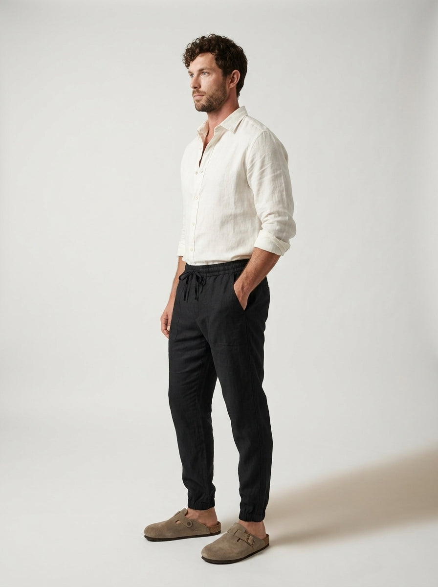 Back pocket detail on men's lightweight linen joggers