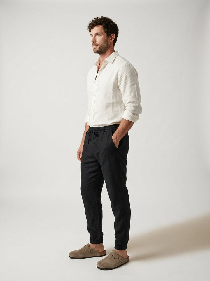 Back pocket detail on men's lightweight linen joggers
