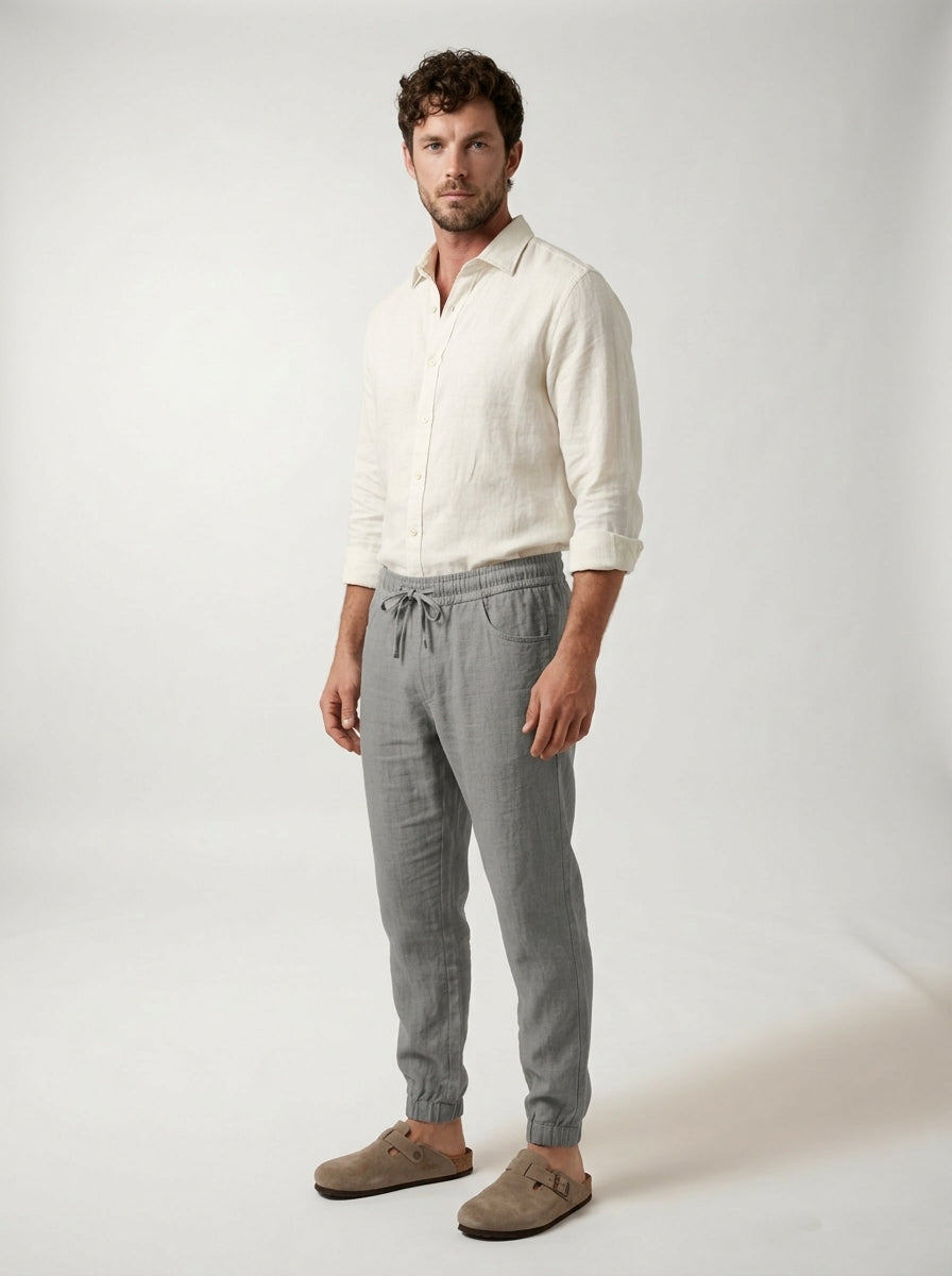 Men's lightweight linen joggers shown in a clean studio setting