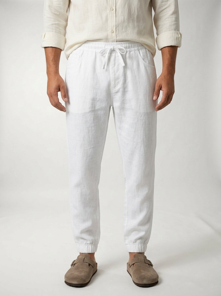 Side view of men's lightweight linen joggers in breathable fabric
