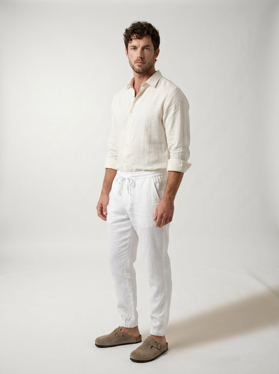 Men's linen joggers with drawstring waist shown from the back