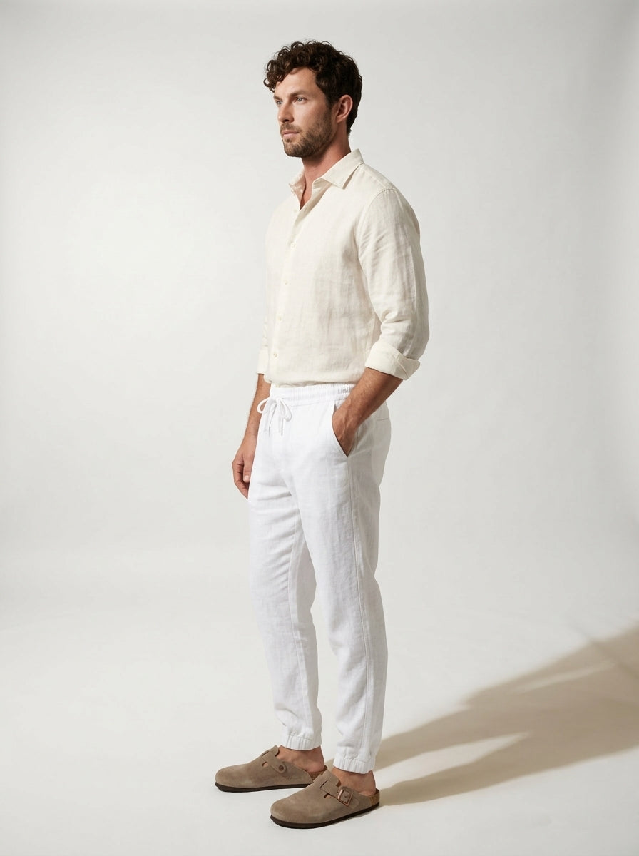Close-up of the waistband and drawstring on men's linen joggers