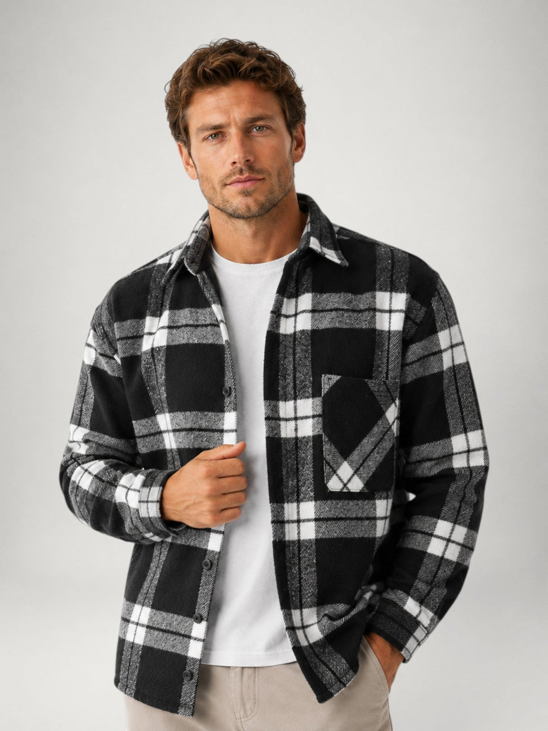 Men's casual flannel shirt laid flat showing full checked design
