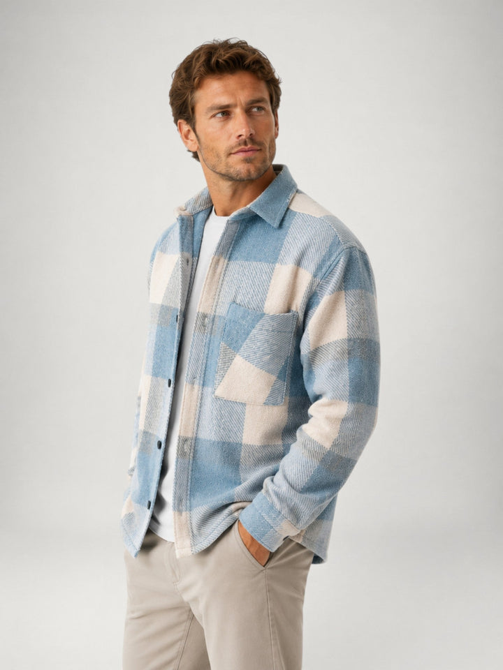 Side view of the men's flannel overshirt in a classic checked pattern