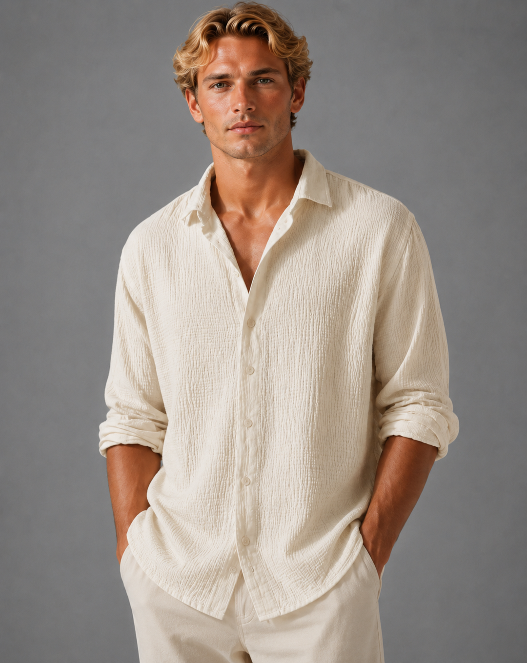 Men's Textured Button Up Shirt Relaxed Summer Fit