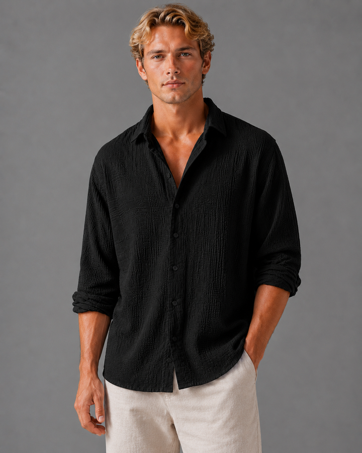 Rear three-quarter view of men's textured shirt with relaxed summer fit