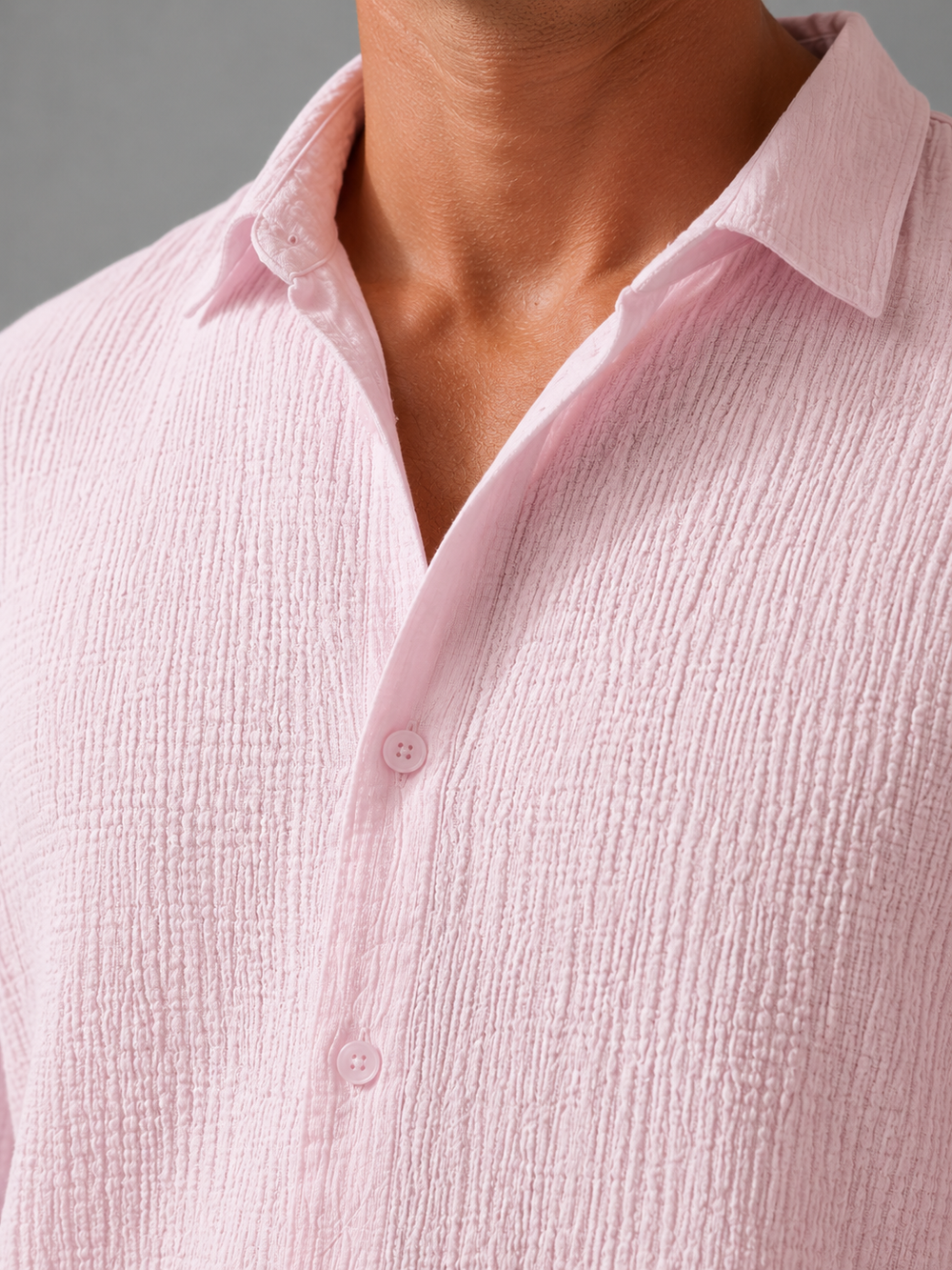 Side view of men's textured summer shirt showing relaxed fit