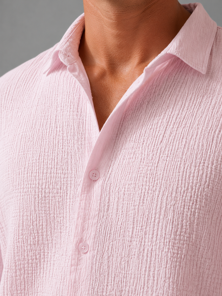 Side view of men's textured summer shirt showing relaxed fit