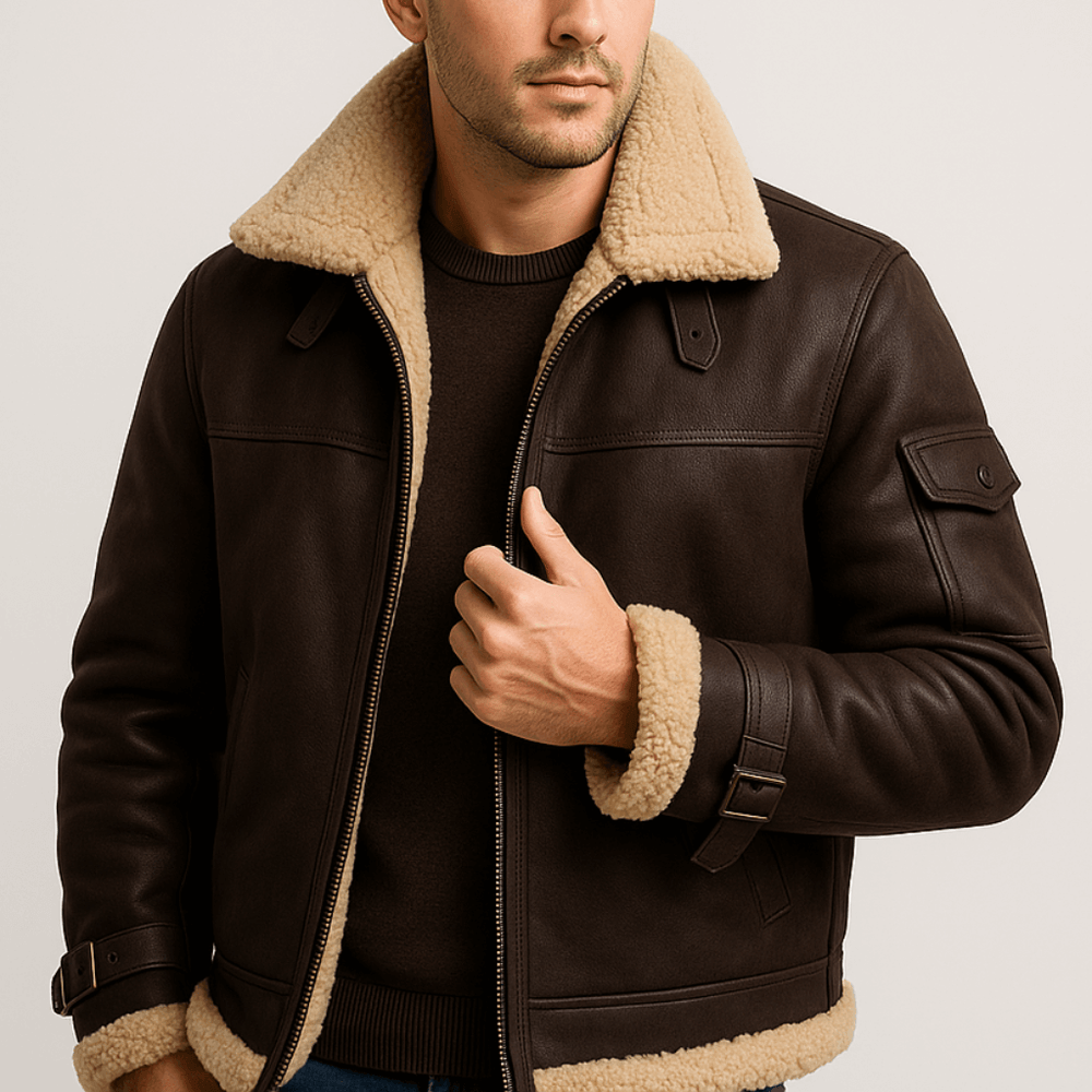 Men's leather jacket displaying its structured collar and front pockets