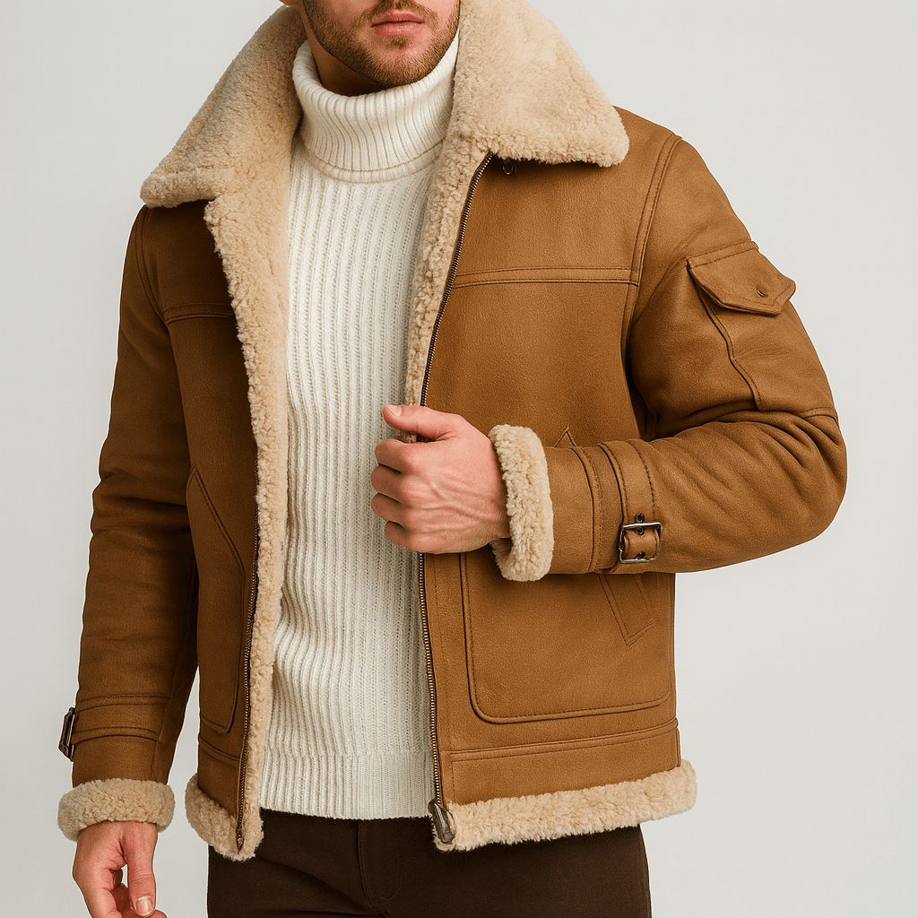 Close-up of the leather texture and pocket detail on a men's jacket