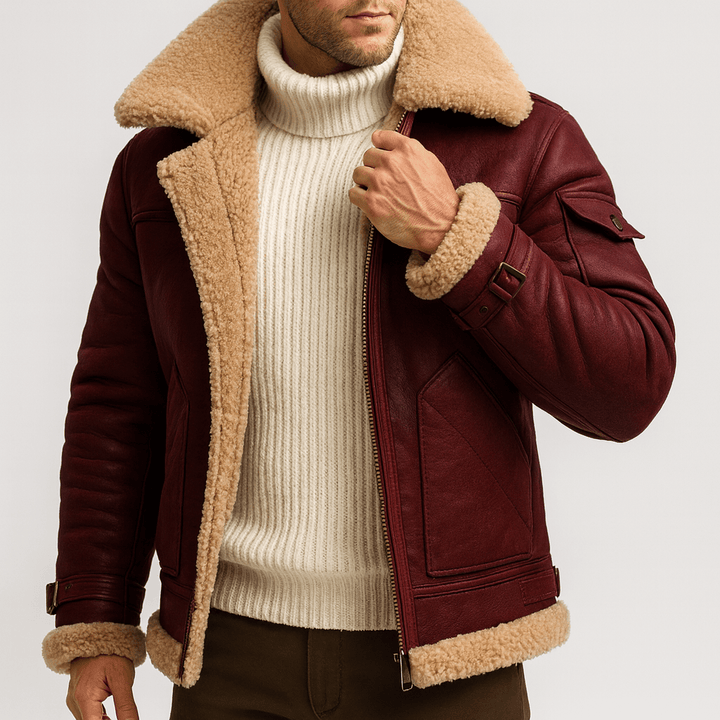 Men's classic leather jacket with practical front pockets, shown from the front