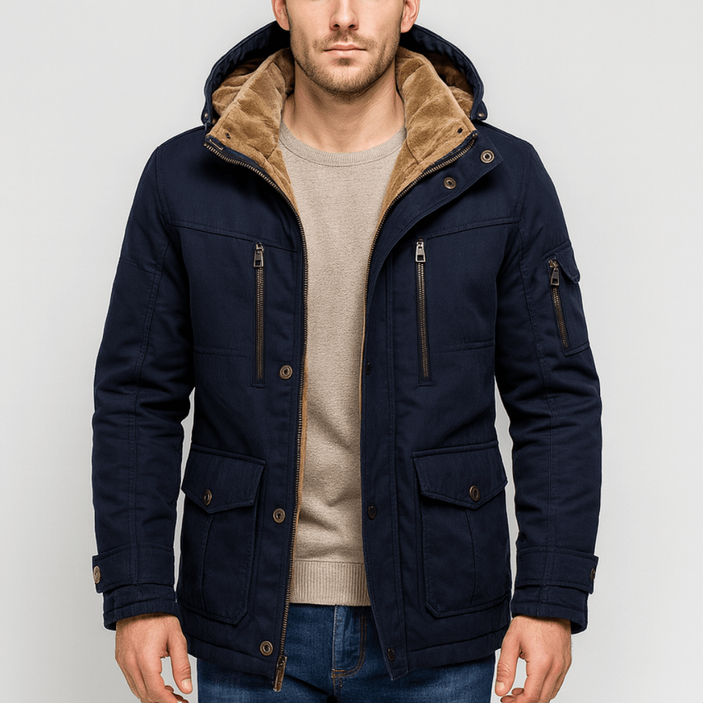 Close-up of the multiple pockets on a men's winter jacket