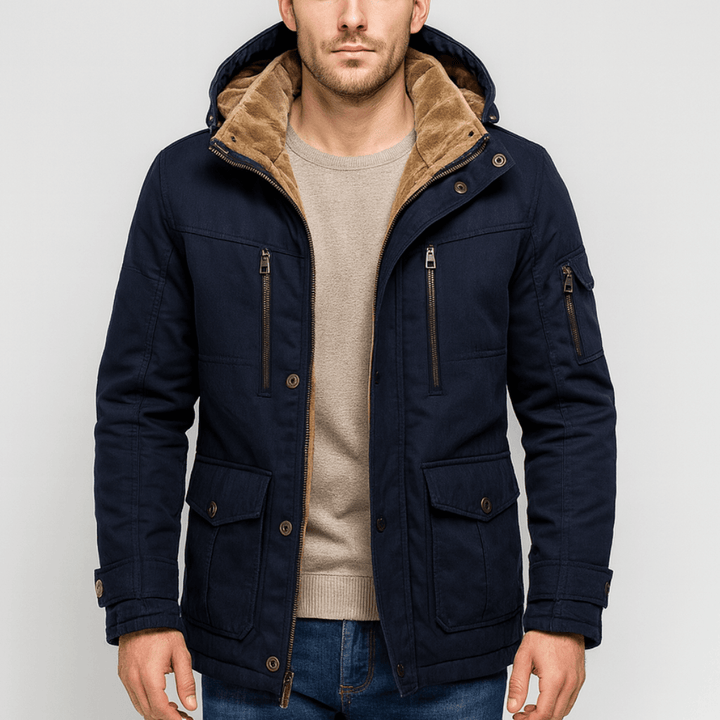 Close-up of the multiple pockets on a men's winter jacket